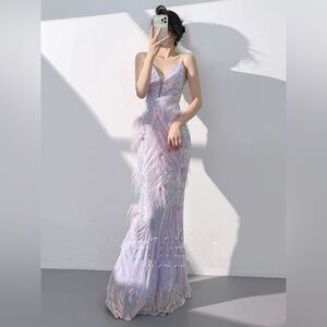 Chic Lilac Feathered Gown